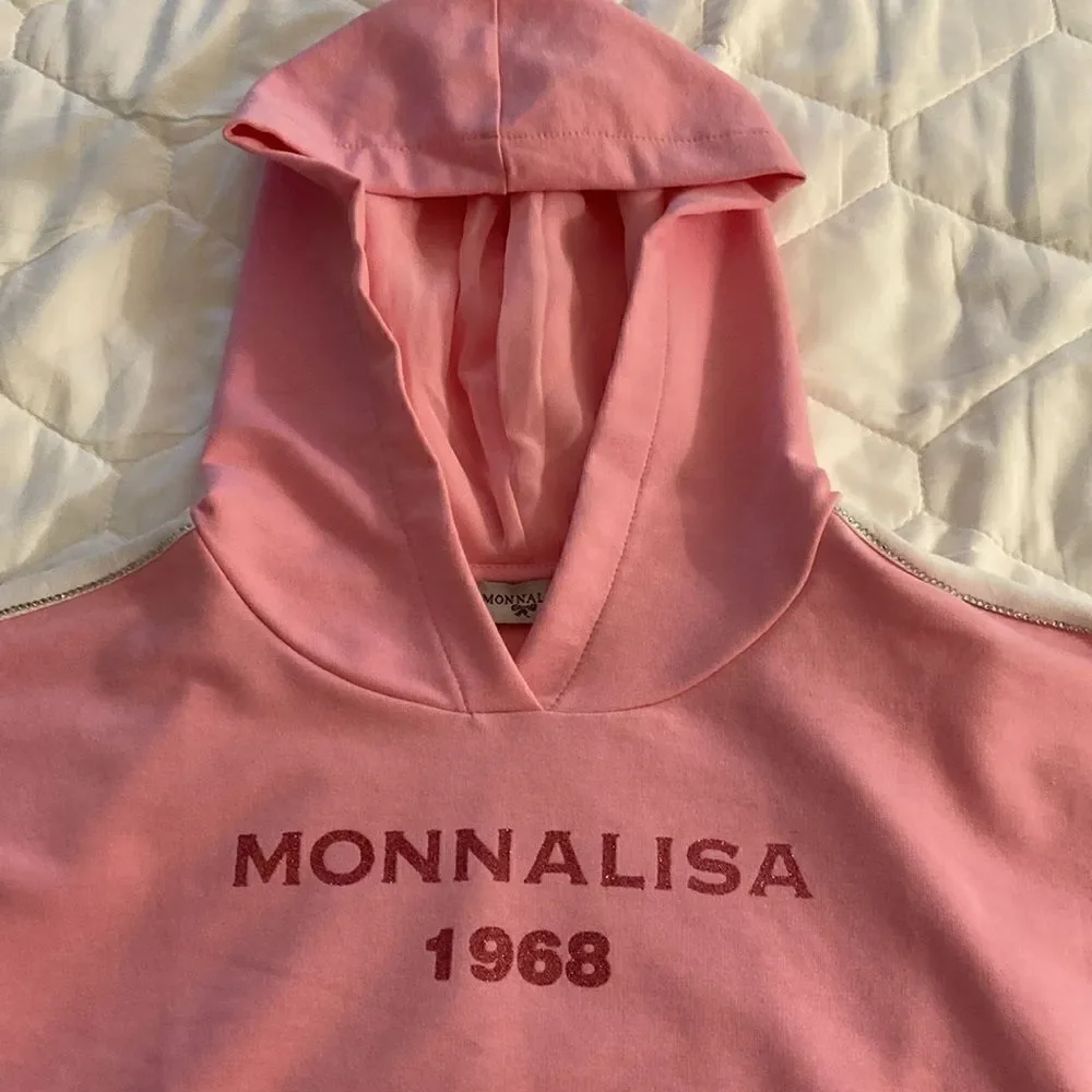 MonnaLisa 1968 Cotton Ruffled Cropped Hoodie in Pink. Size 12.